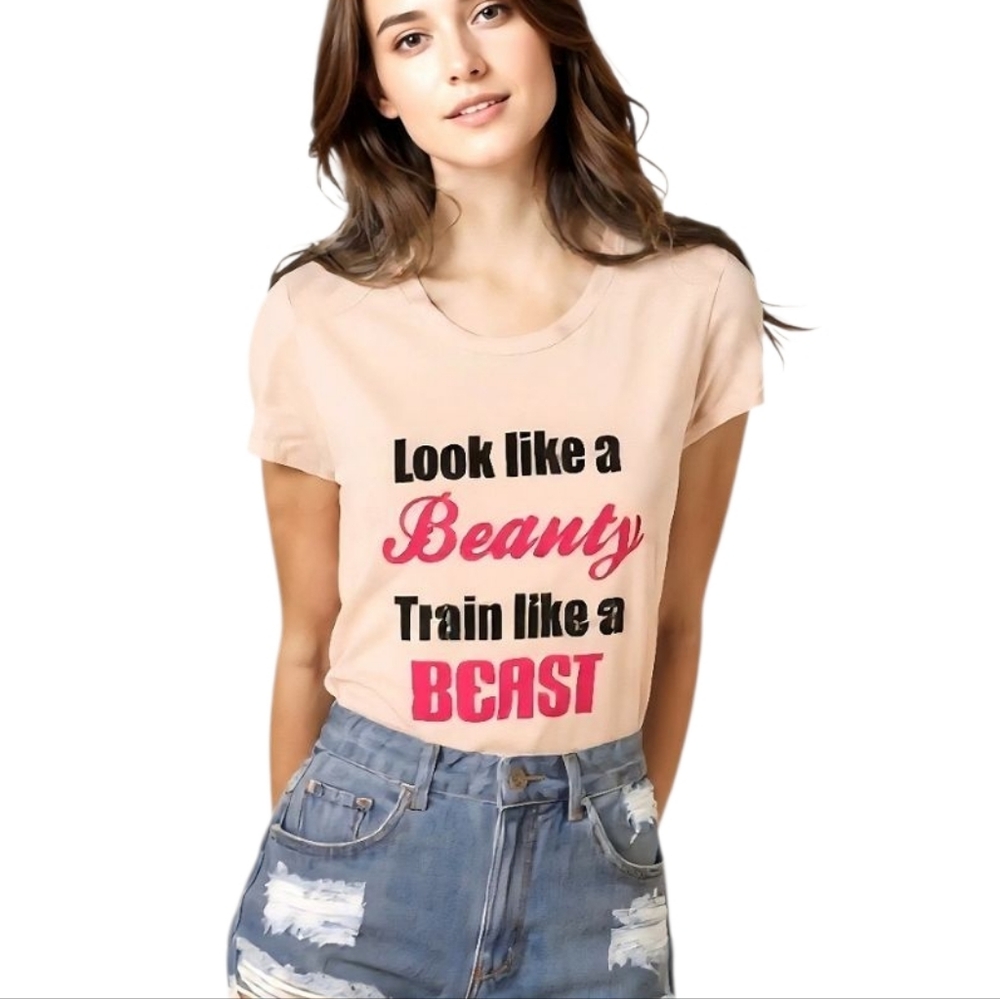 💚 Nwot Womens Gildan Look Like A Beauty Train Like A Beast T-Shirt Fitness